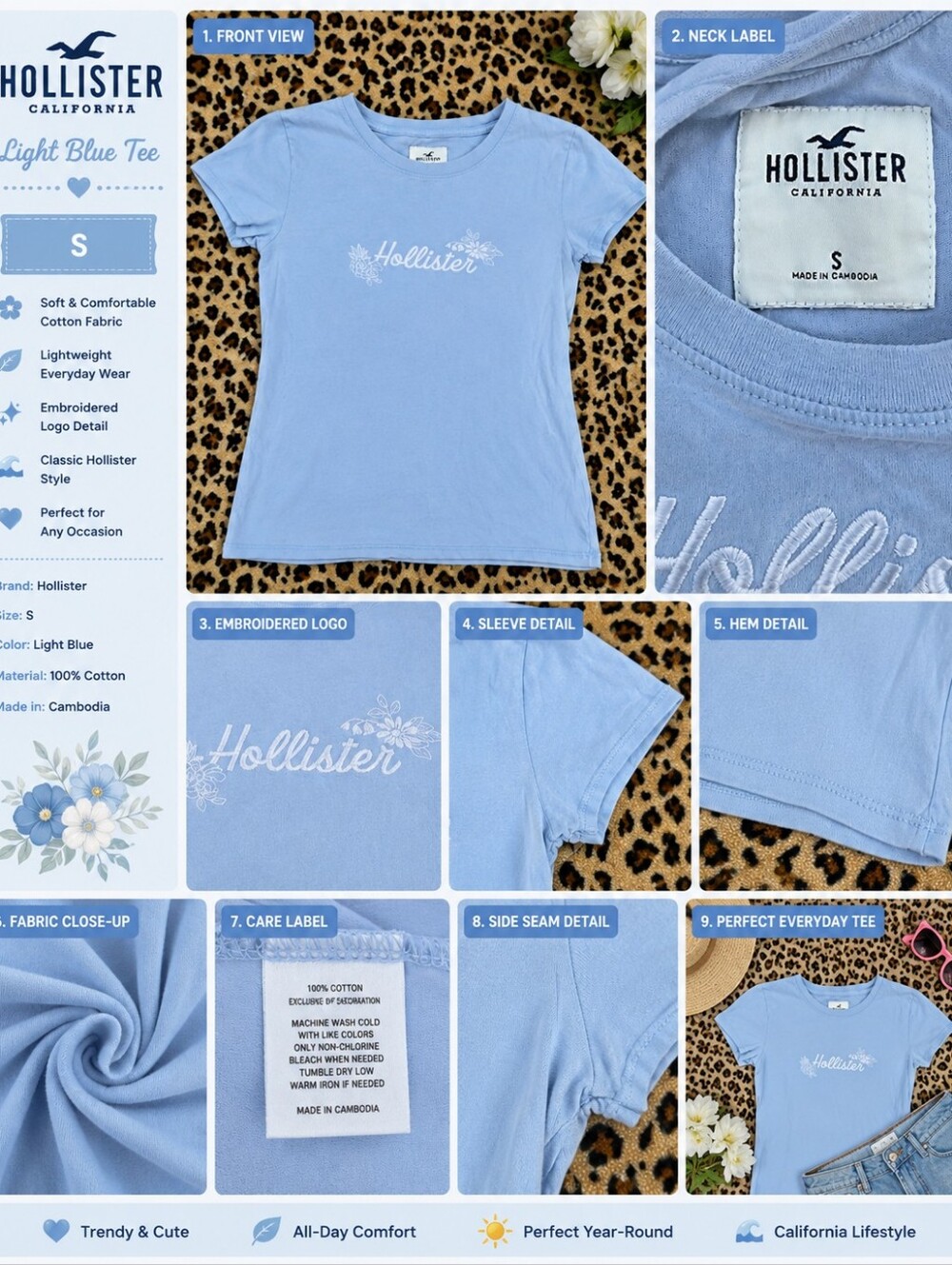 Hollister Light Blue Embroidered Logo Tee with Floral Detail
